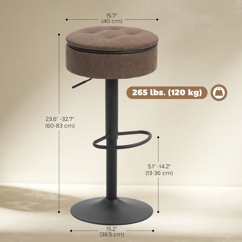 HOMCOM Set of 2 Barstools with Storage, Swivel Bar Stools with PU Leather Upholstered, Footrest, Steel Base, Brown