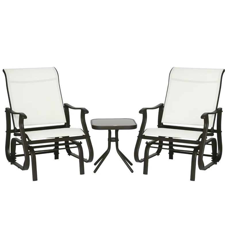 Outsunny 3PCs Gliding Rocking Chair & Bistro Tea Table Set, Cream White