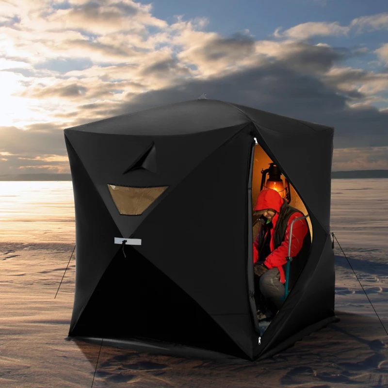 Outsunny 2-4 People Ice Fishing Shelter, Pop-Up Portable Ice Fishing Tent with Carry Bag, Two Doors, Windows and Vents, Ice Shanty for Winter Fishing, Black