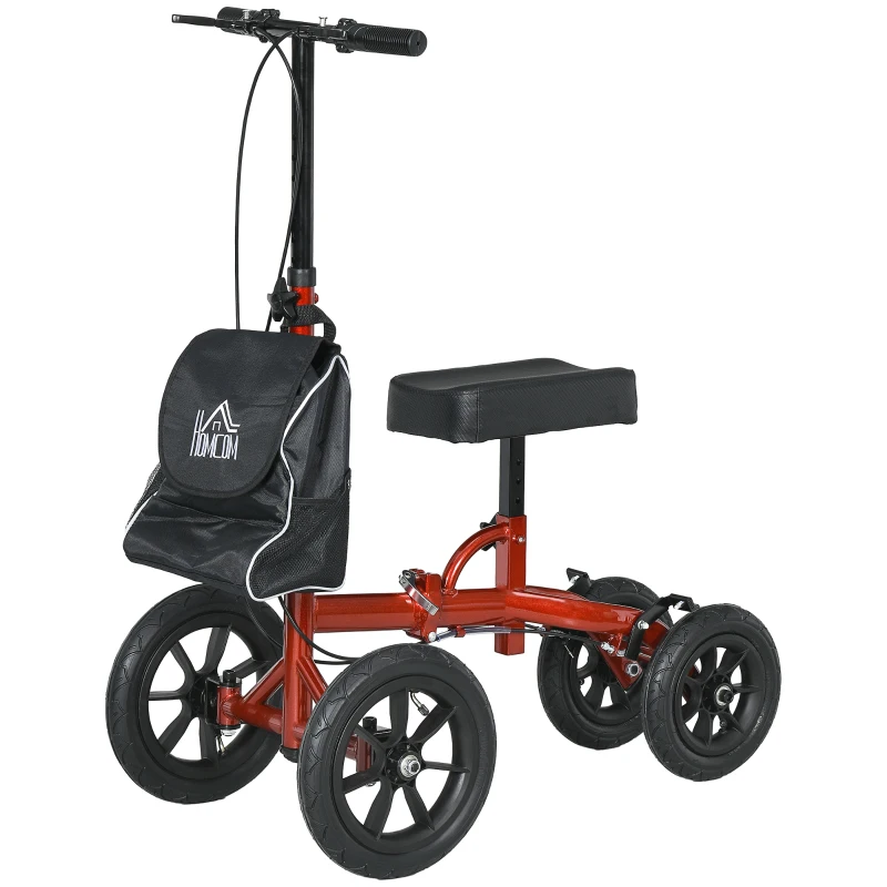 HOMCOM Adjustable Steerable Knee Walker, Foldable Knee Scooter with Rubber Wheels, Dual Brake, Crutch Alternative, Red