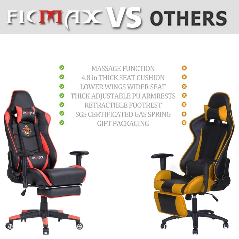 Ficmax Large Size Executive Racing Style Computer Gaming Chair with Lumbar Massage Support and Retractible Footrest - Red/Black