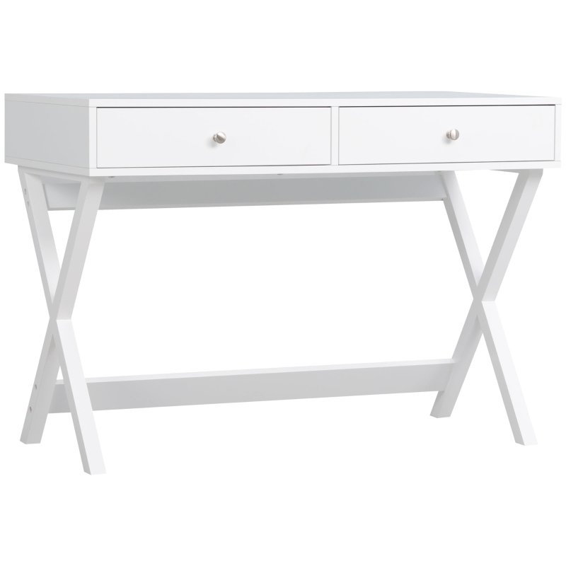 HOMCOM Modern Writing Desk, White Computer Desk, Vanity Makeup Table with Two Drawers, X-shaped Leg for Home Office, Bedroom