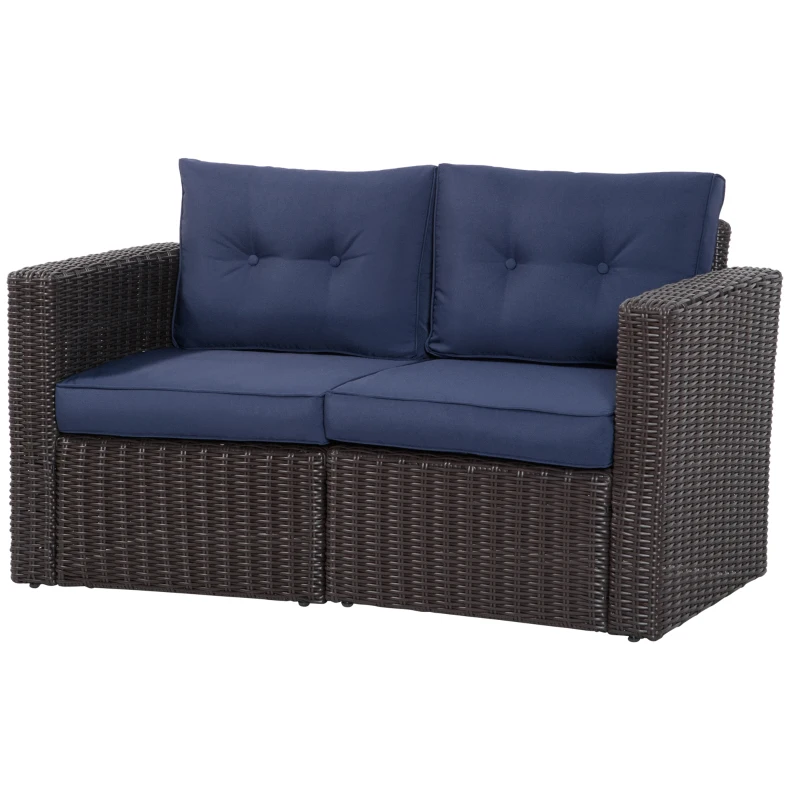 Outsunny 2 Piece Patio Wicker Corner Sofa Set, Outdoor PE Rattan Furniture, with Curved Armrests and Padded Cushions, Dark Blue