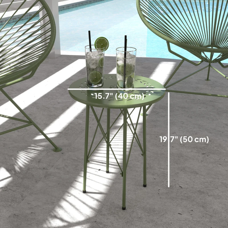 Outsunny 15.7" Round Garden Table with Floral Cut-Out, Steel Balcony Side Bistro Coffee Table with Adjustable Feet, Green