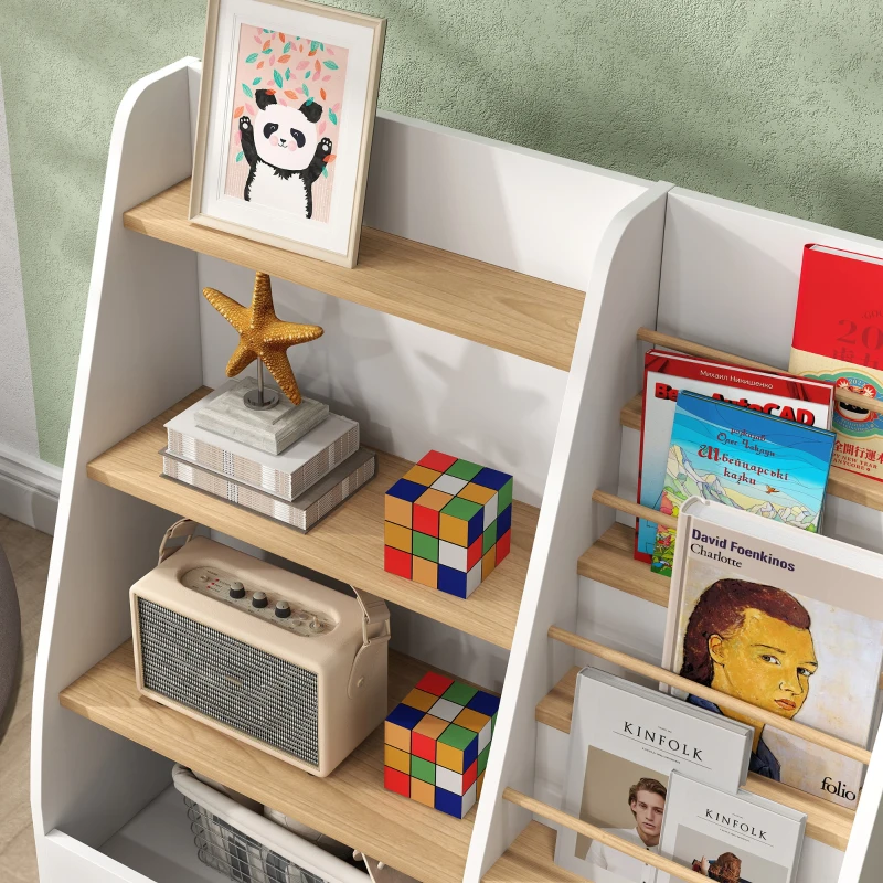 Qaba 4 Tier Kids Bookshelf and Toy Storage Organizer with Book Rack, for Living Room, Kids Room, Playroom, Bedroom, White