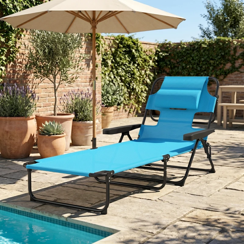 Outsunny Folding Lounge Chair w/ Reclining Back, Light Blue
