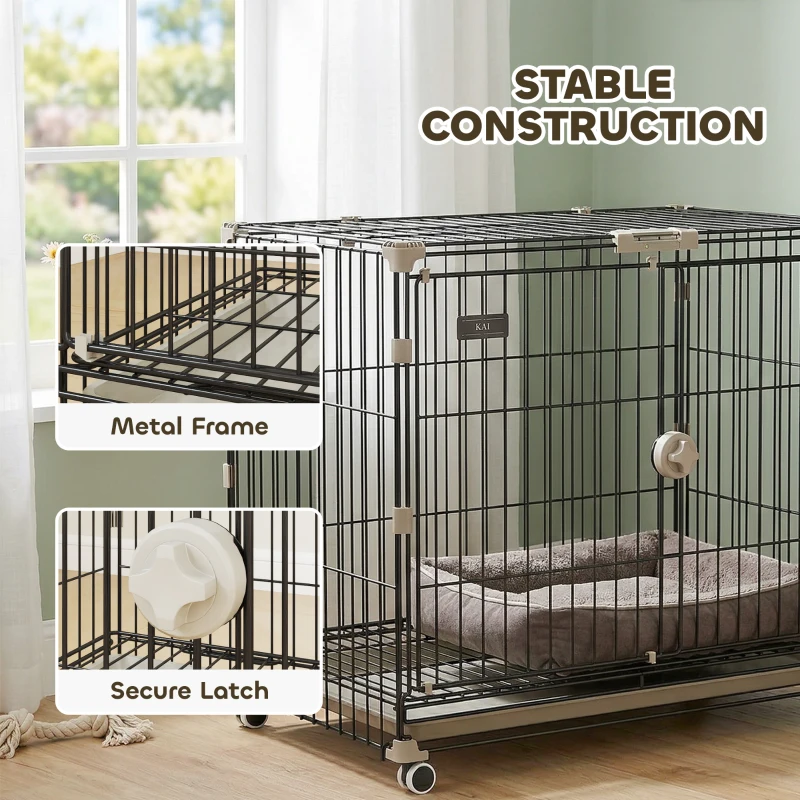 PawHut Dog Crate, 30 Inch Metal Dog Cage with Removable Tray, Lockable Wheels, 2 Doors for Small Medium Breeds, Black
