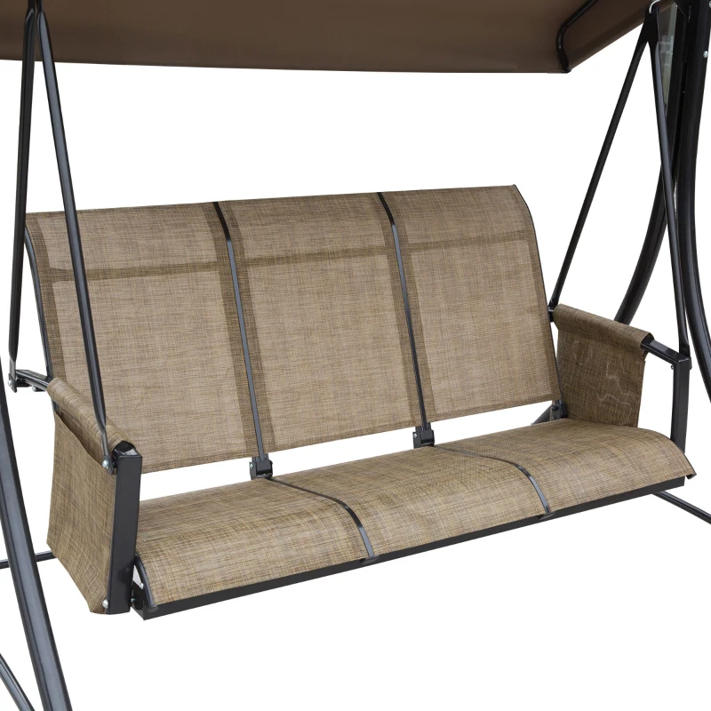 Outsunny 3-Seat Patio Swing Chair, Outdoor Porch Swing Glider with Adjustable Canopy, Side Pouches, Breathable Seat and Back, for Garden, Poolside, Backyard, Brown