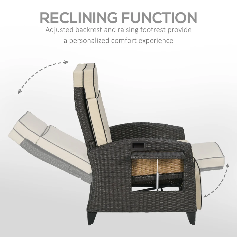 Outsunny Outdoor Recliner Chair with Adjustable Backrest, Cushion, Side Tray, Khaki