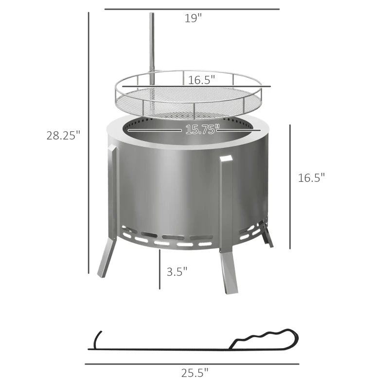 Outsunny 2-in-1 Smokeless Fire Pit BBQ Grill Portable Camping Bonfire Stove with Poker, Stainless Steel, Silver