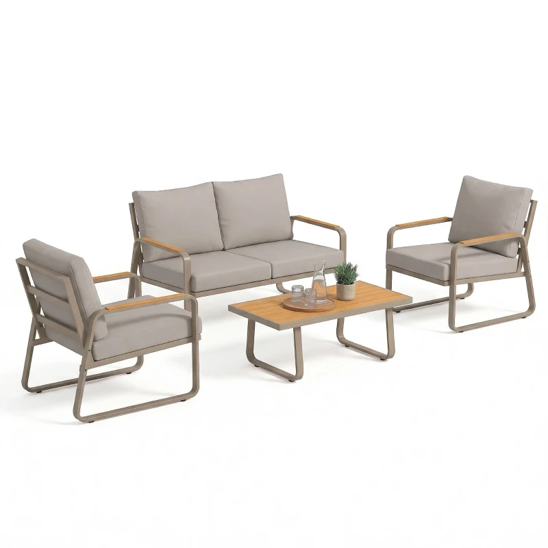 Outsunny 4 Piece Patio Furniture Set, Outdoor Sofa Set with Loveseat, 2 Armchairs, Coffee Table and Cushions