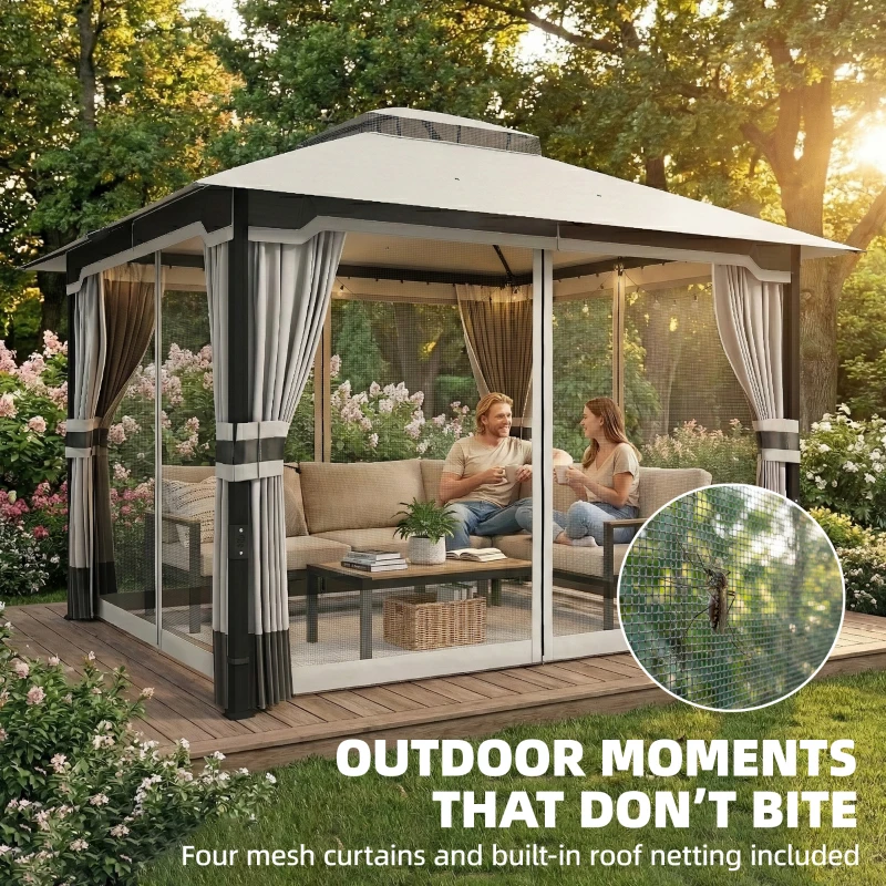 Outsunny 10' x 12' Patio Gazebo, Double Roof Outdoor Gazebo Canopy Shelter with Netting and Curtains, Steel Frame, Light Grey