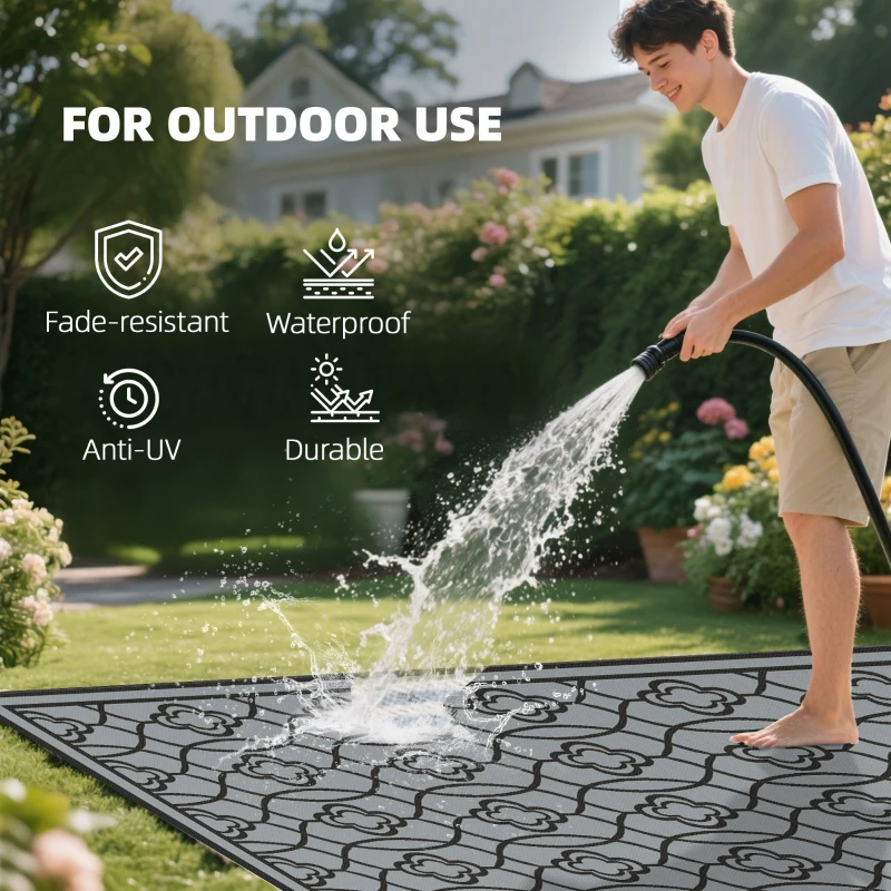 Outsunny Reversible Outdoor Rug, Waterproof Plastic Straw with Carry Bag, 9' x 18', Black & Gray Lantern
