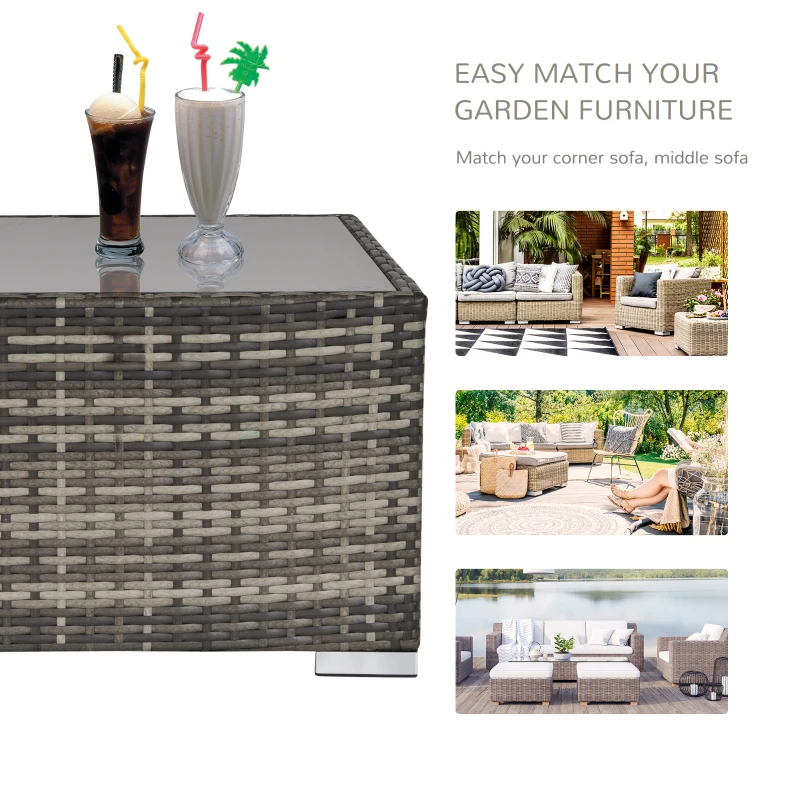 Outsunny Rattan Garden Coffee Table, 25.6" Square Garden Rattan Table with Tempered Glass Top, Deep Grey