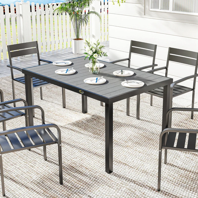 Outsunny Rectangular Patio Table for 6, Outdoor Dining Table with Wood-Plastic Composite Top and Steel Frame for Garden, Grey