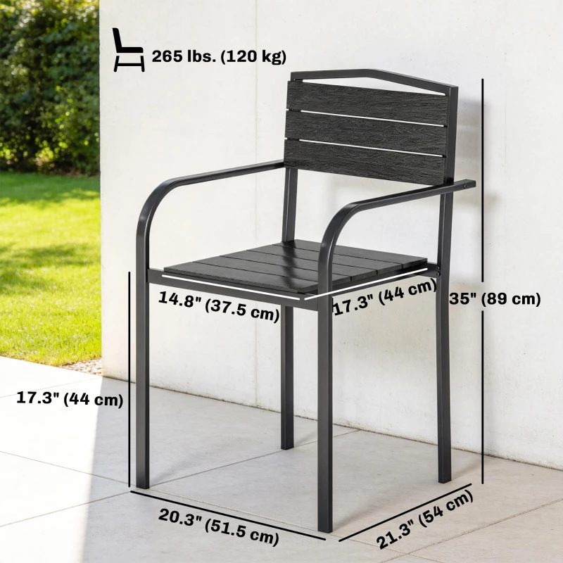 Outsunny Stackable Patio Chairs Set of 4, Outdoor Dining Chairs with Slatted HDPE Seat, Armrests for Garden, Backyard, Black
