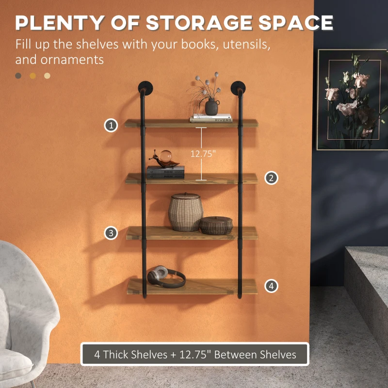 HOMCOM 4-Tier Industrial Pipe Shelves Floating Wall Mounted Bookshelf, Metal Frame Display Rack, Rustic Brown