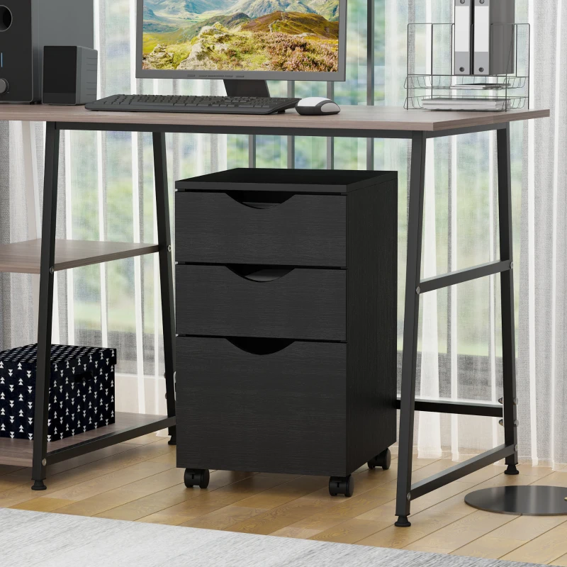 HOMCOM 3 Drawer Mobile File Cabinet with Wheels, Wood Filing Cabinet for Home Office, Rolling Under Desk Cabinet, Black Wood Grain