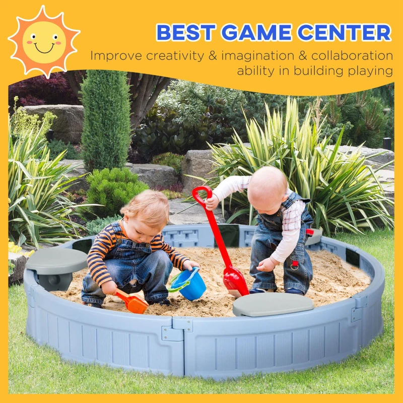 Outsunny Kids Sandbox with Cover, Seat, Sandbox Outdoor for Backyard, Light Blue