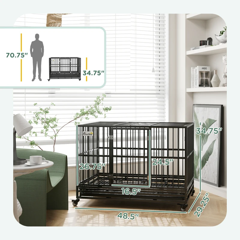 PawHut 48" Heavy Duty Dog Crate Metal Cage Kennel with Lockable Wheels, Double Door and Removable Tray, gray