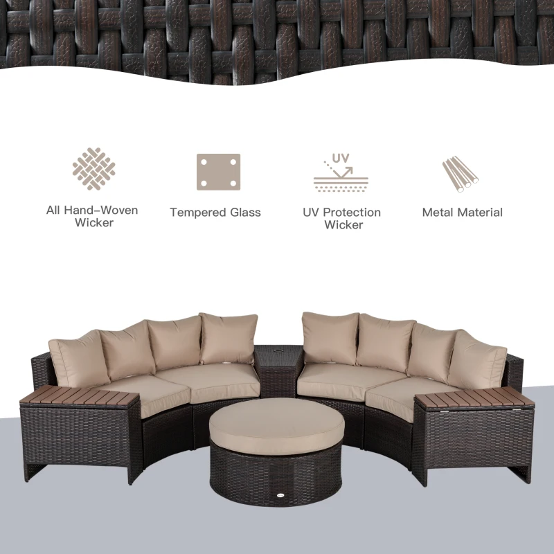 Outsunny 8 Piece Outdoor Rattan Sofa, Half Round Patio Furniture Set with Side Tables, Umbrella Hole, and Cushions, Mixed Brown and Beige