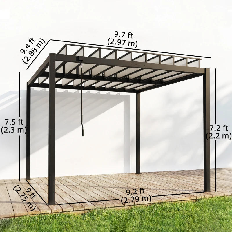 Outsunny 9.5 x 10 ft Louvered Pergola with PC Roof, Aluminium Outdoor Pergola Gazebo with Drainage Gutters, Handle, Clear