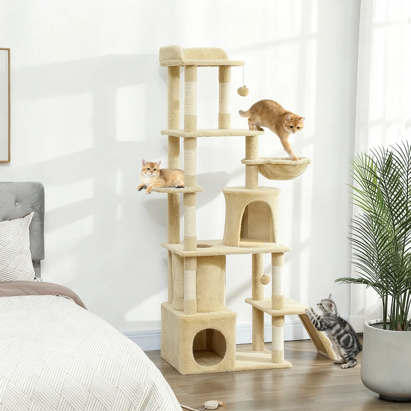 PawHut 67" Large Cat Tree with 7 Scratching Posts, Tunnel, 2 Condos, Hammock, Perch, Ramp, Pompoms, Beige