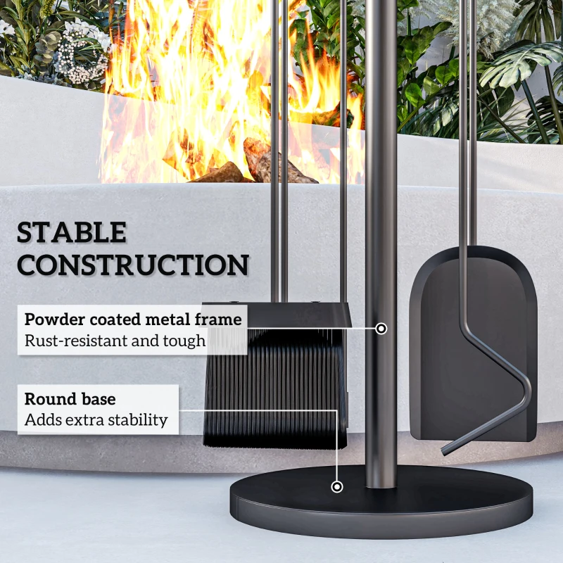 Outsunny Fireplace Tools Set 5 Piece Kit with Stand, Brush, Shovel, Poker, Tongs, Indoor Outdoor Fireside Accessories, Black