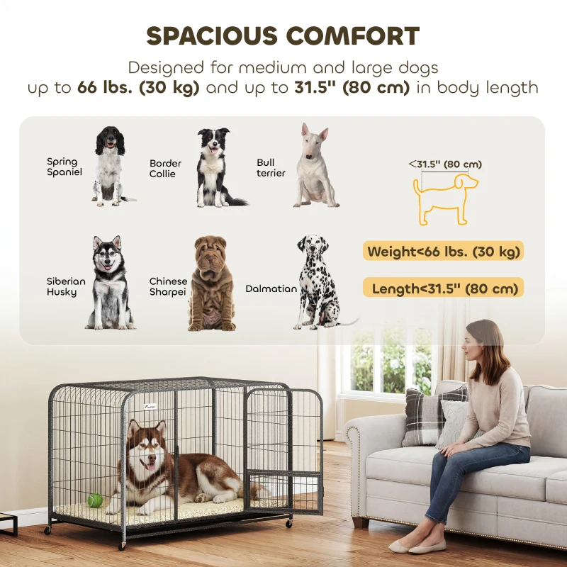 PawHut 48 Inch Heavy Duty Dog Crate, Large Metal Dog Cage with Lockable Wheels and Removable Tray