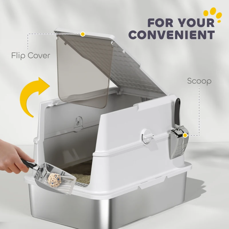 PawHut Extra Large Stainless Steel Cat Litter Box for Big Cats with Flip Cover, High-Sided Enclosure & Scoop