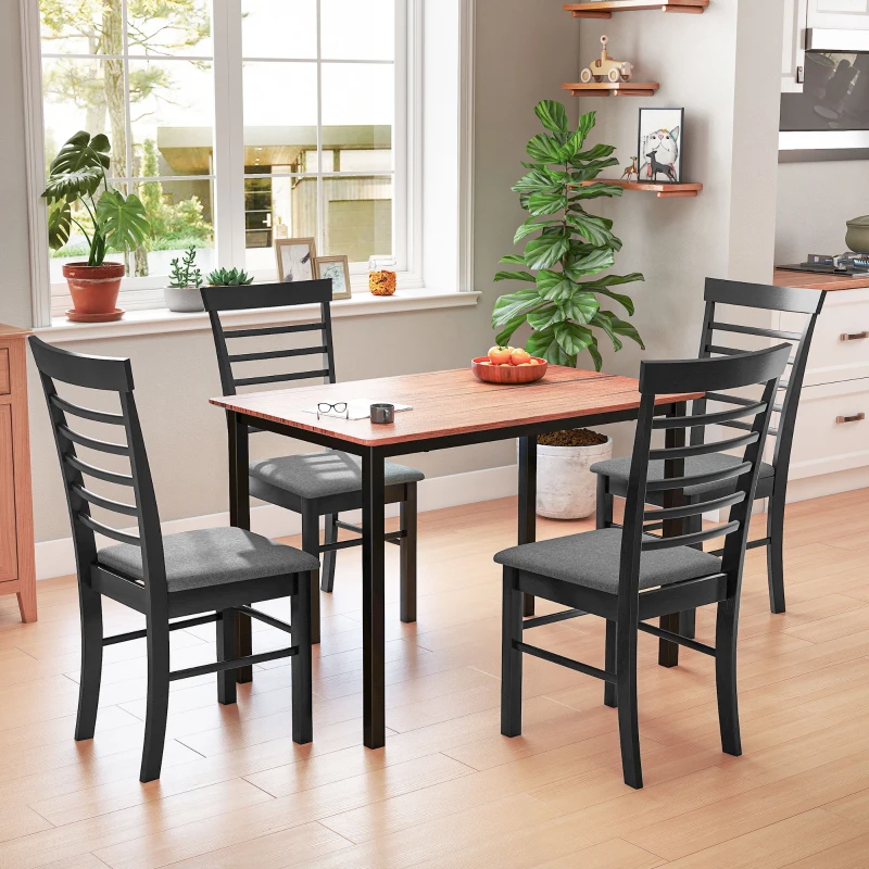 HOMCOM Wooden Dining Chairs Set of 2, Farmhouse Upholstered Kitchen Chairs with Rubber Wood Frame, Black and Gray