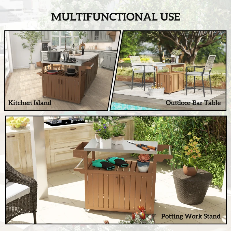 Outsunny Outdoor Bar Cart with Storage, Stainless Steel Outdoor Bar Table Top, Wheeled HDPE Kitchen Island for Food Prep, Brown