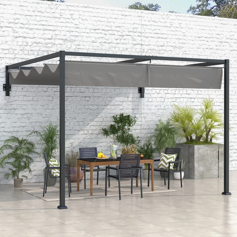 Outsunny 10' x 7' Lean To Pergola, Metal Pergola with Retractable Roof for Grill, Garden, Patio, Deck