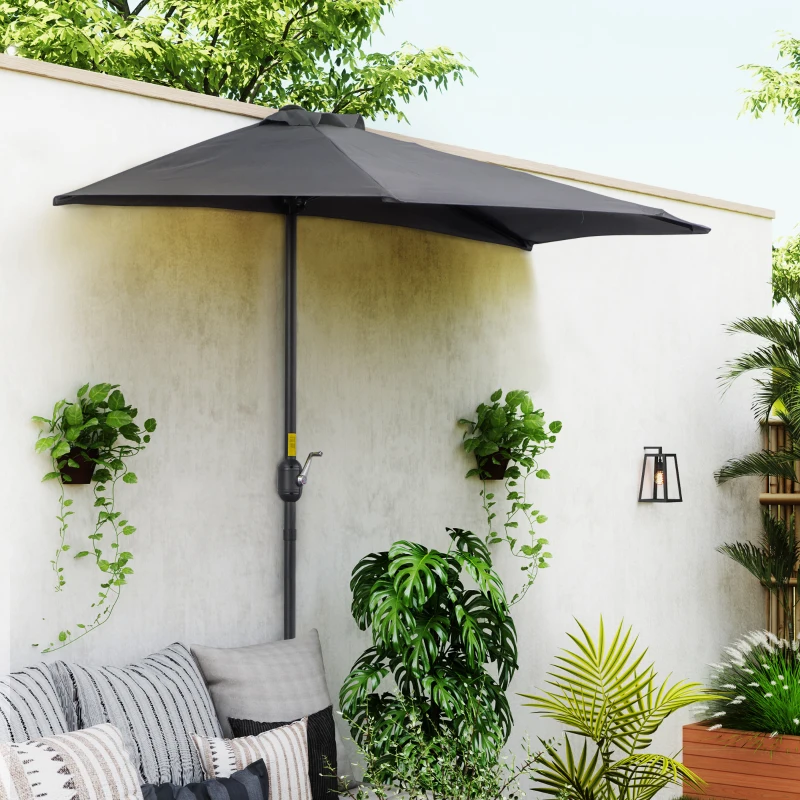 Outsunny 9ft Half Round Patio Umbrella, Outdoor Market Patio Table Umbrella Parasol with Crank Mechanism, 5 Ribs, Grey