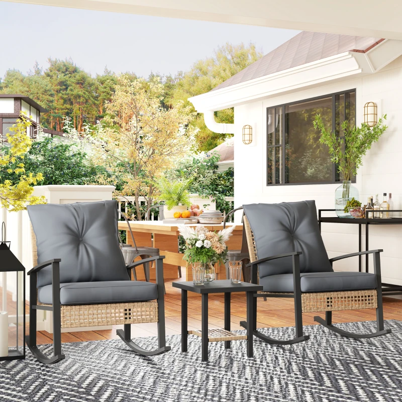 Outsunny 3 Pieces Bistro Set, Patio Wicker Furniture Set with Button Tufted Cushions, Rattan Rocking Chairs, Coffee Table, Gray