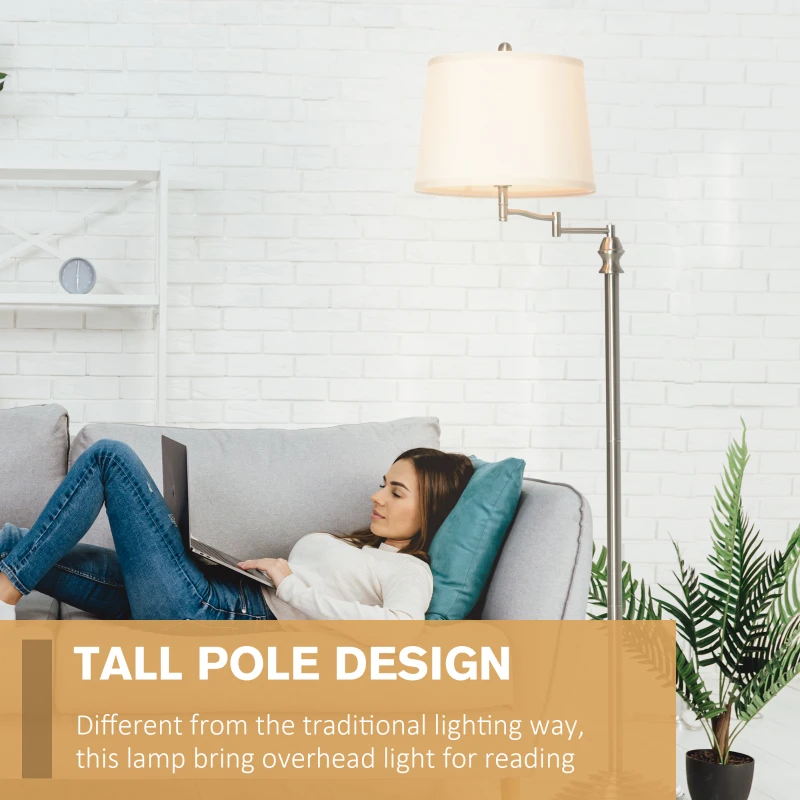 HOMCOM Standing Floor Lamp Tall Pole Light with Shade, Metal Round Base Adjustable Support Pole, E26 Bulb Base, for Bedroom, Living Room, Office, Silver/Beige