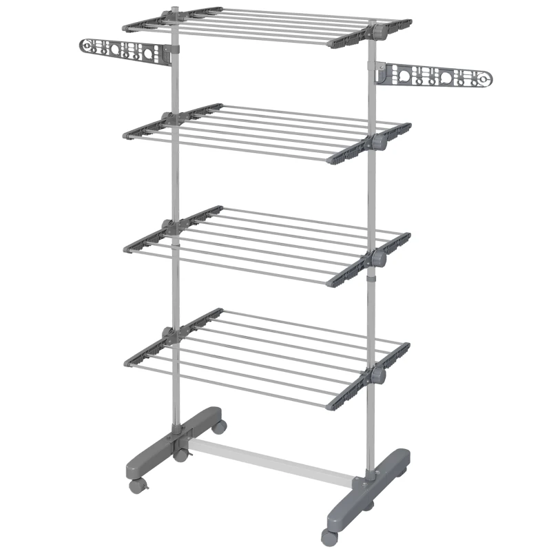 HOMCOM Garment Drying Rack Stainless Steel Folding Clothes Hanging Rack with Side Wings Castors for Indoor Outdoor Grey