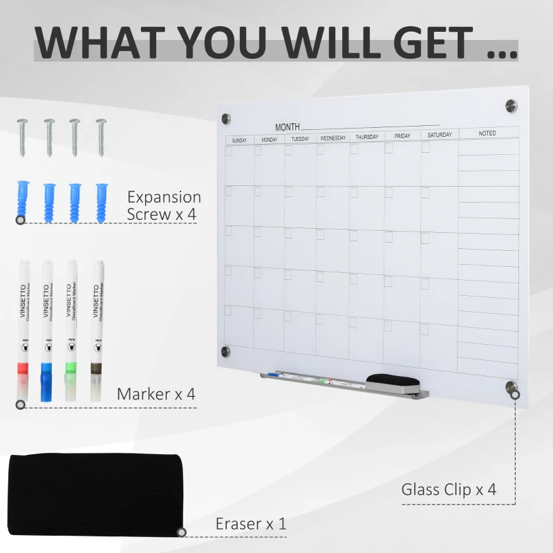 Vinsetto 35"x23" Dry Erase Wall Calendar Glass Whiteboard Monthly Planner for Homeschool Supplies & Home Office Organization with 4 Markers and 1 Eraser,Frameless