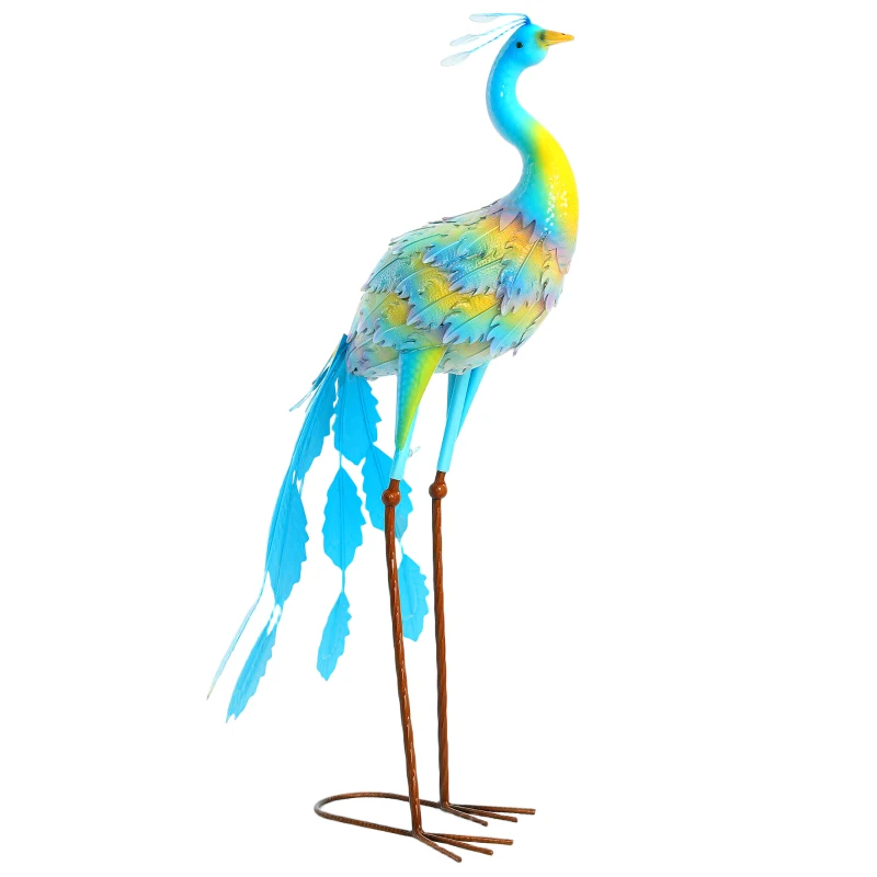 Outsunny Peacock Garden Statue, 32.7" Standing Lawn Ornament, Steel Garden Decor Bird Statue with Stakes for Lawn Patio Backyard Decoration, Sky Blue