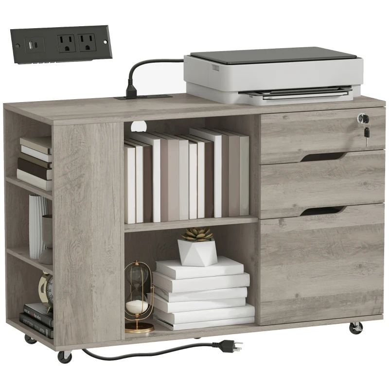 HOMCOM Filing Cabinet with Power Outlets File Cabinet Lockable Casters File Drawer Side Cubbies Light Grey Brown
