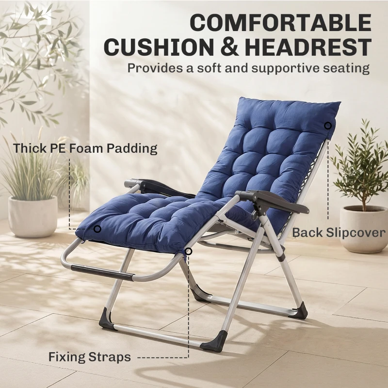Outsunny Reclining Zero Gravity Chair with Adjustable Backrest, Folding Garden Sun Lounger, Outdoor Recliner with Removable Cushion and Headrest, Dark Blue