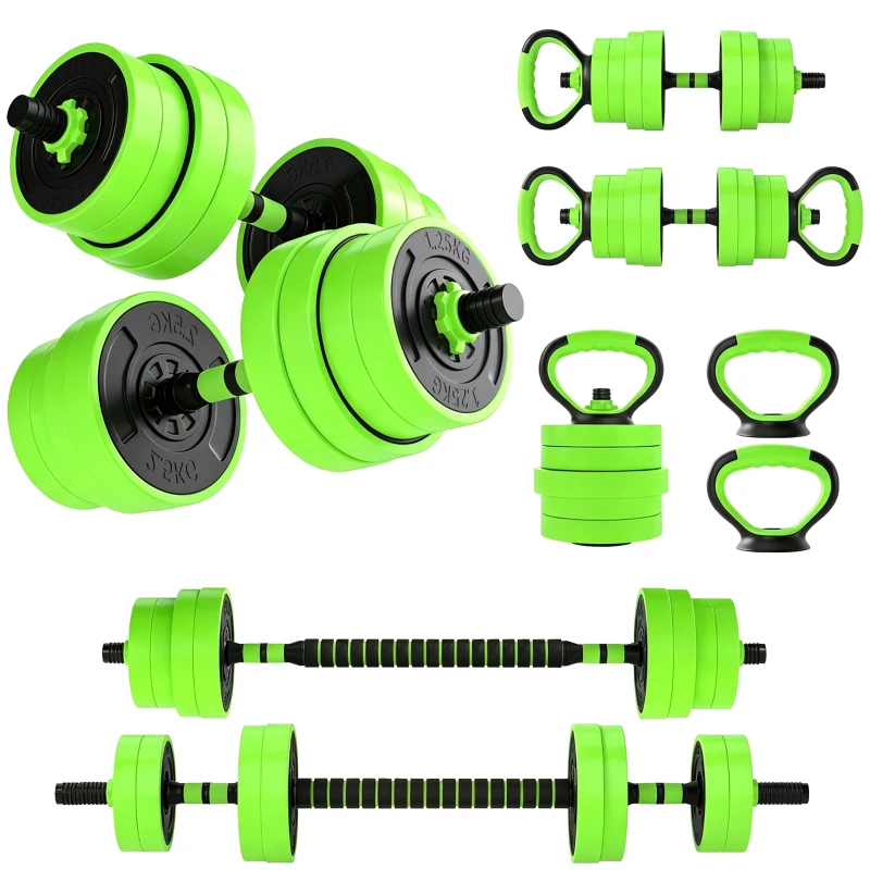 Soozier 66lbs 4-in-1 Adjustable Weight Dumbbell Set, Barbell, Kettlebell, Push Up Stand, Green