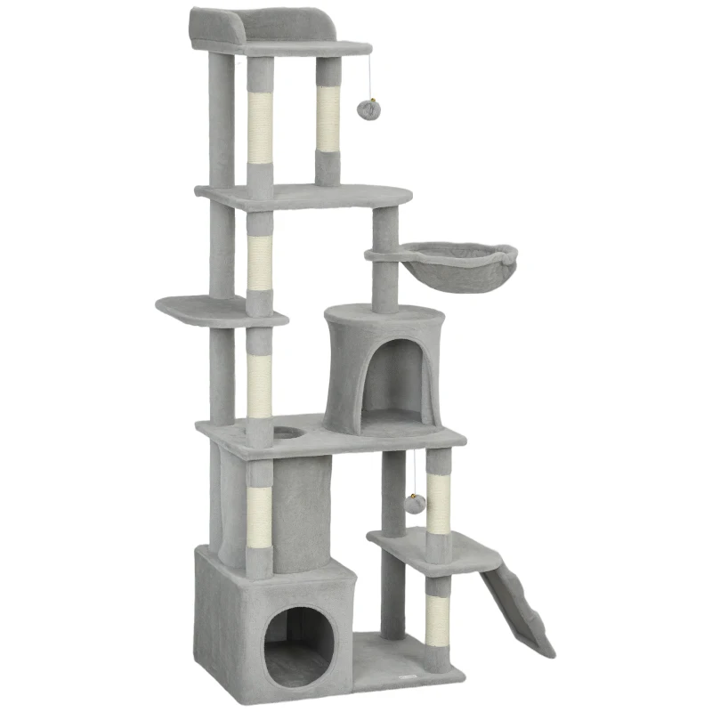 PawHut 67" Large Cat Tree with 7 Scratching Posts, Tunnel, 2 Condos, Hammock, Perch, Ramp, Pompoms, Light Grey