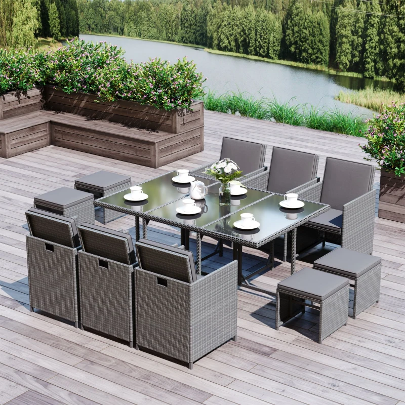 Outsunny 11 Pieces Outdoor Dining Set for 10, Space Saving Wicker Chairs and Glass Table with Cushions and Ottomans, Rattan Conversation Patio Furniture Set for Garden Backyard Deck, Dark Gray
