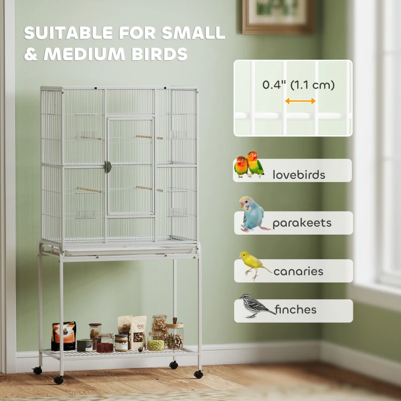 PawHut 64" Large Rolling Bird Cage Bird House with Detachable Rolling Stand, Storage Shelf, Wood Perch Food Container, White