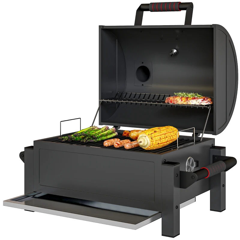Outsunny Tabletop Charcoal Smoker, Portable BBQ with Ash Catcher and Thermometer for Backyard, Camping, Picnic, Black