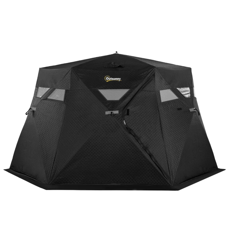 Outsunny 4 Person Insulated Pop-Up Ice Fishing Shelter, 360-Degree View, Portable Ice Fishing Tent Shanty with Carry Bag, Two Doors and Anchors for Low-Temp -22℉, Black