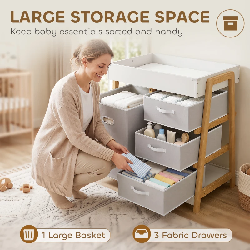 Qaba Baby Changing Table, Diaper Changing Station with Waterproof Pad, 3 Drawers and Large Basket for Newborn & Infant, White