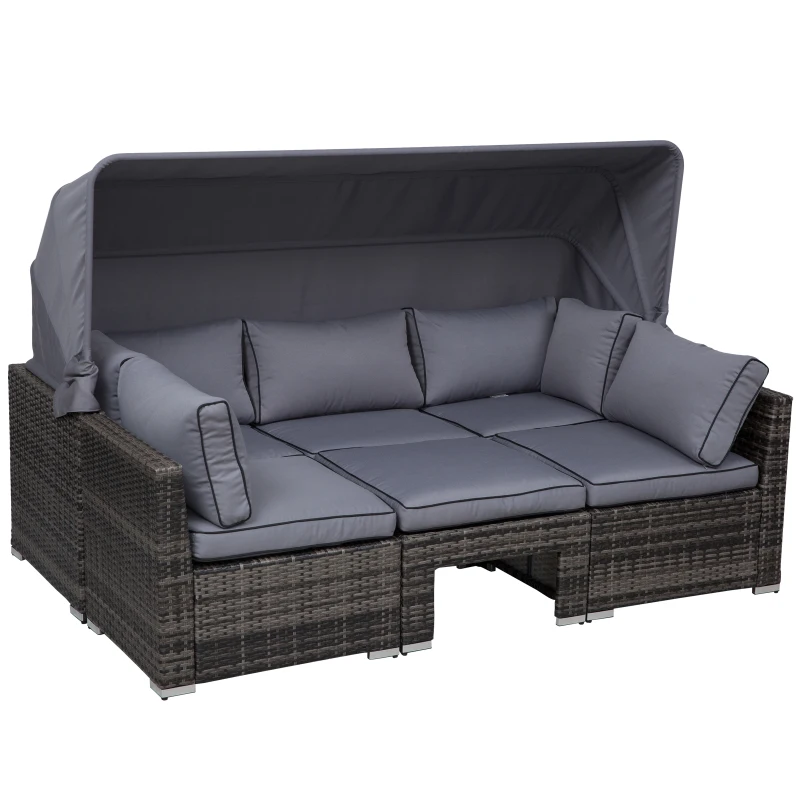 Outsunny 4-Piece Outdoor Rattan Wicker Sofa Set Patio Furniture Sets with Retractable Sun Canopy, Deep Soft Cushions & Classic Design, Grey