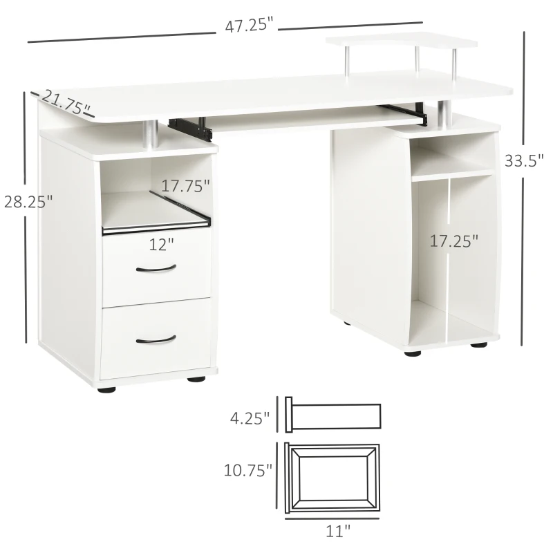 HOMCOM Multi-Function Computer Desk Home Office Workstation with Sliding Keyboard Tray, Elevated Shelf, Drawers and CPU Stand, White